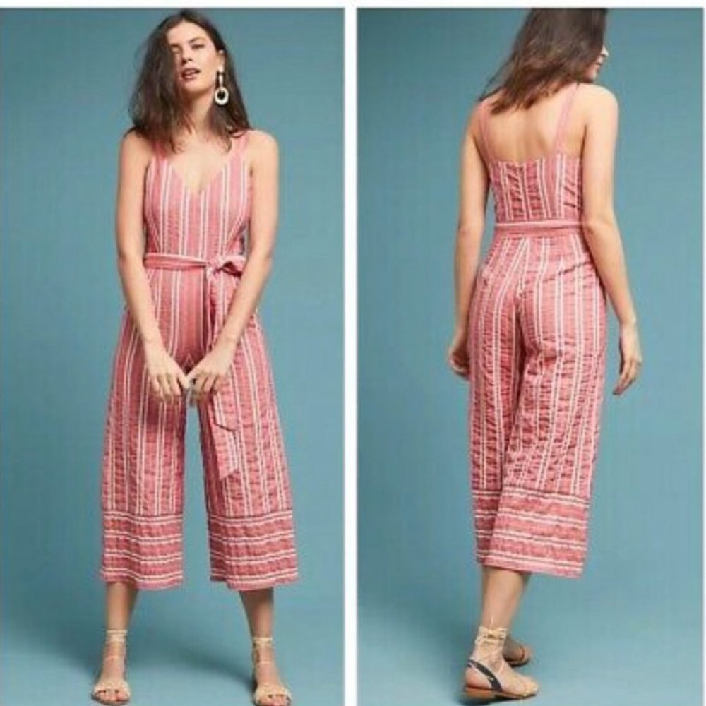 Anthropologie Pink Striped Cropped Jumpsuit